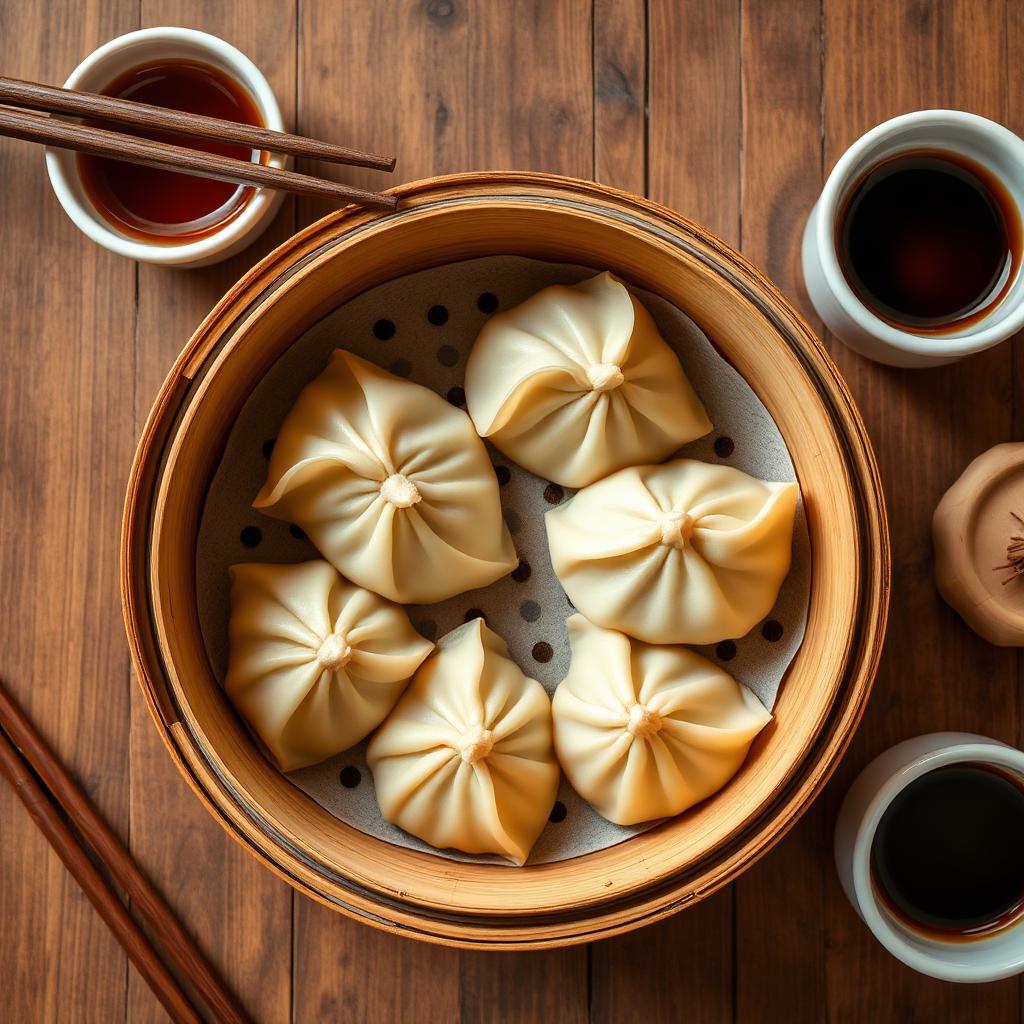 Steamed dim sum in bamboo basket